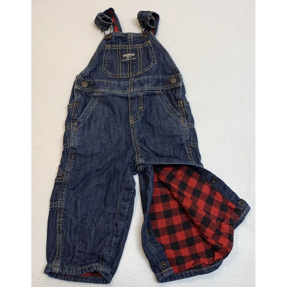 Oshkosh Vestbak Overalls bibs 12M Blue Denim Lined Buffalo Plaid